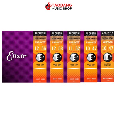 สายกีต้าร์โปร่งเคลือบ Elixir Nanoweb Phosphor Bronze เบอร์ 12 - 53